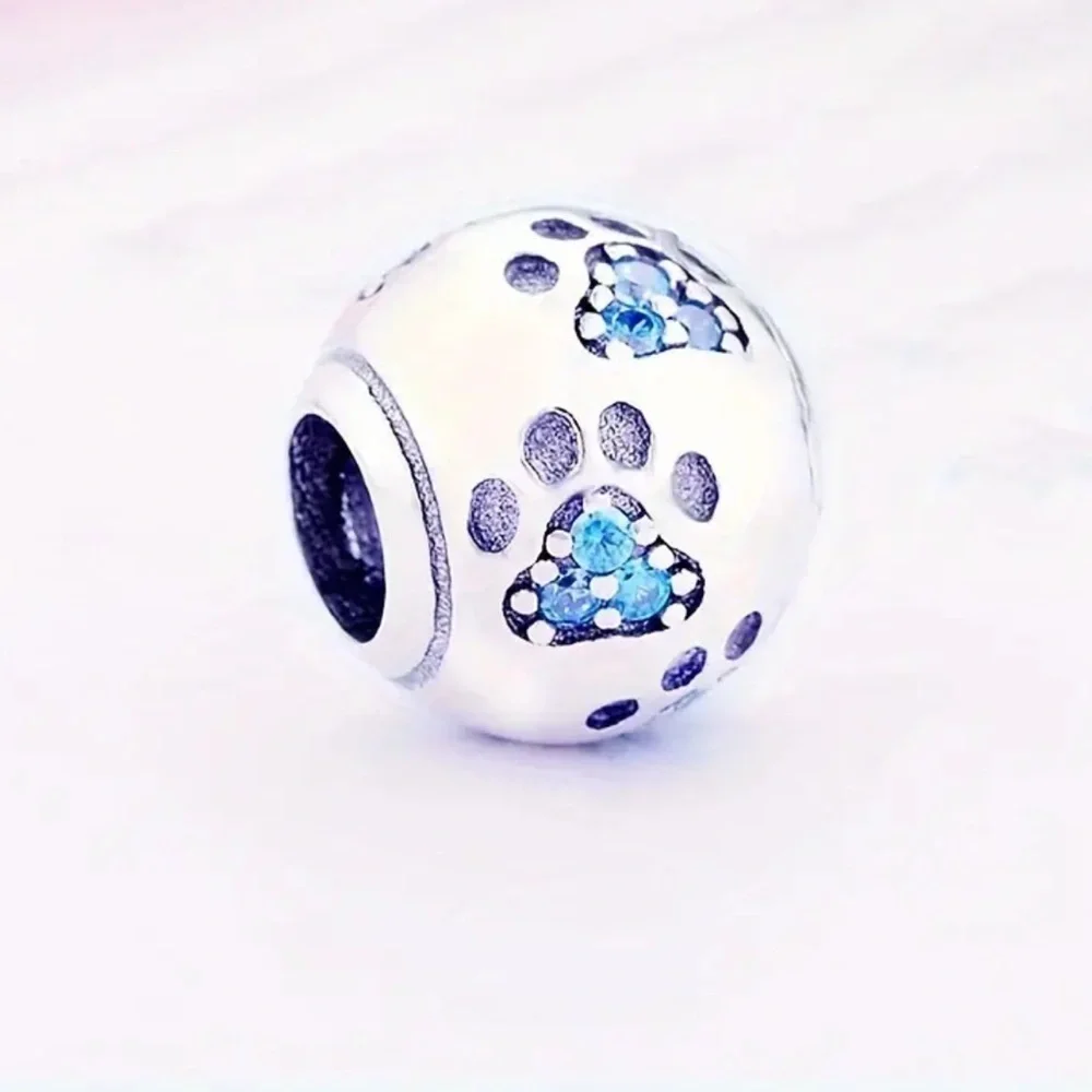 S925 Sterling Silver PAW PRINT Charm/Pendant with Blue Zirconia Accents - NWT